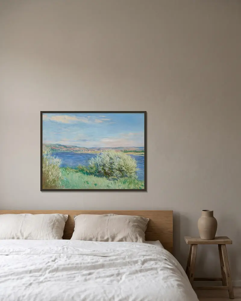 Seines stränder nära Vétheuil av Claude Monet inramad på en vägg