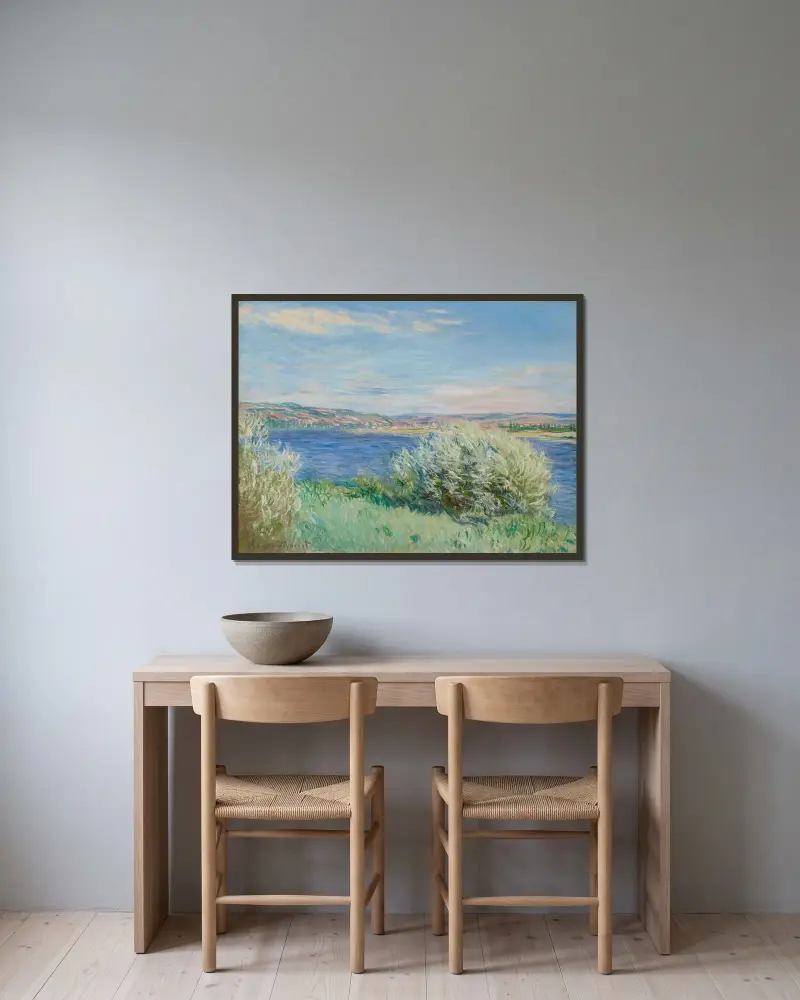 Seines stränder nära Vétheuil av Claude Monet inramad på en vägg