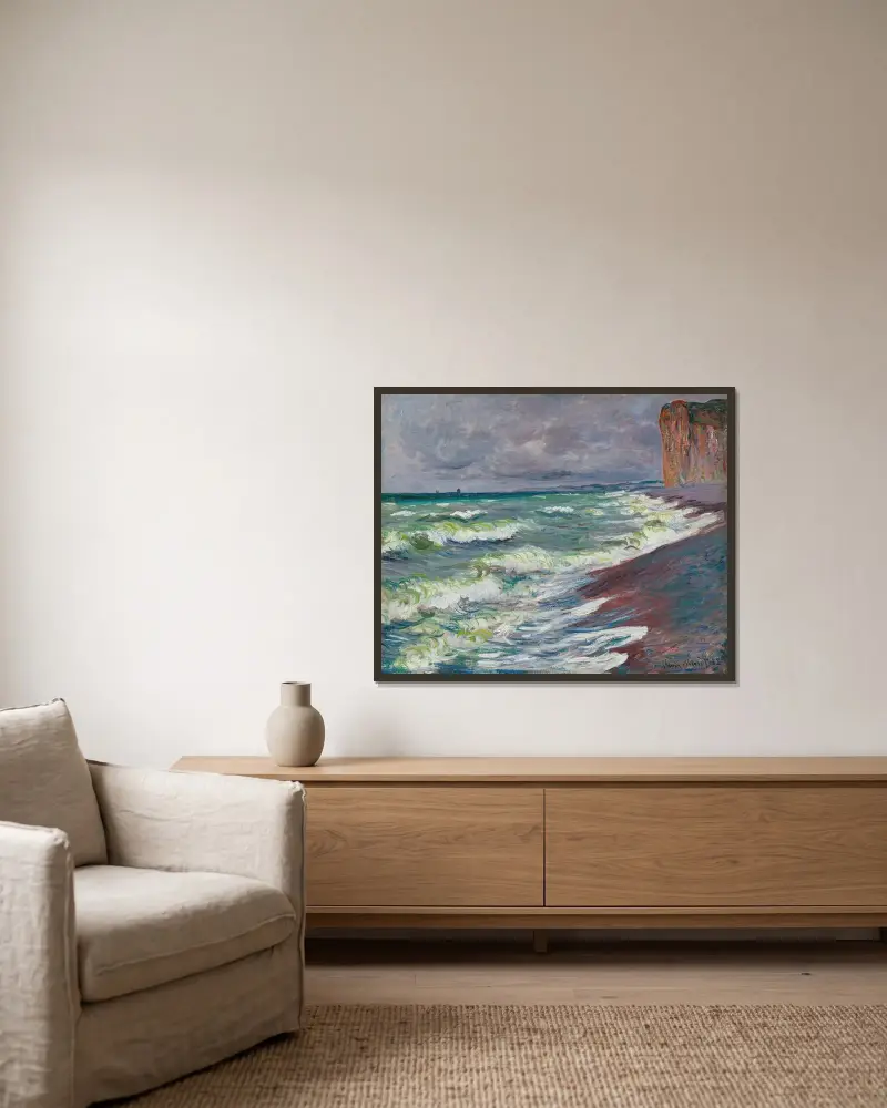 Upprört hav vid Pourville av Claude Monet inramad på en vägg