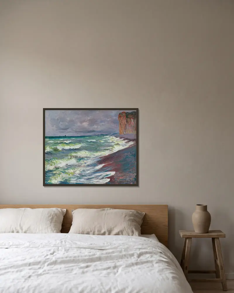 Upprört hav vid Pourville av Claude Monet inramad på en vägg