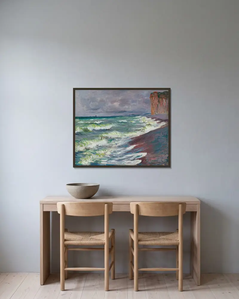 Upprört hav vid Pourville av Claude Monet inramad på en vägg
