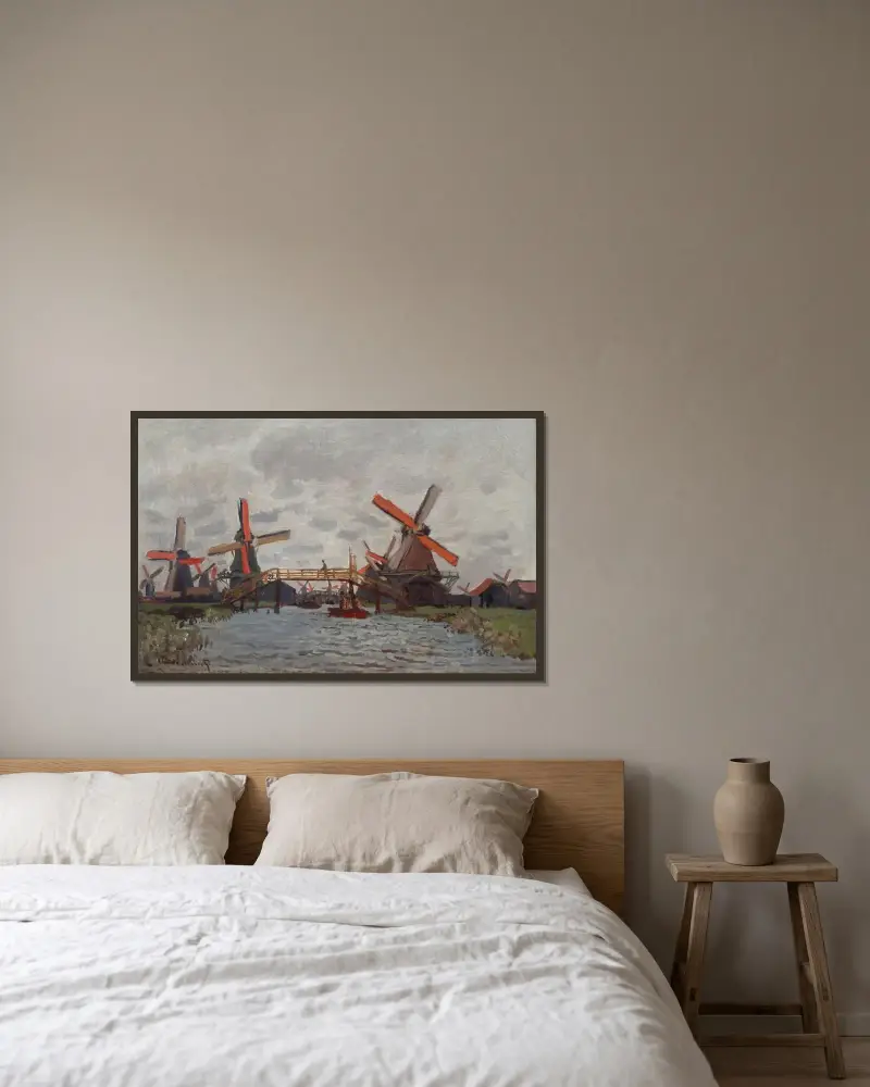 Mills at Westzijderveld near Zaandam av Claude Monet inramad på en vägg