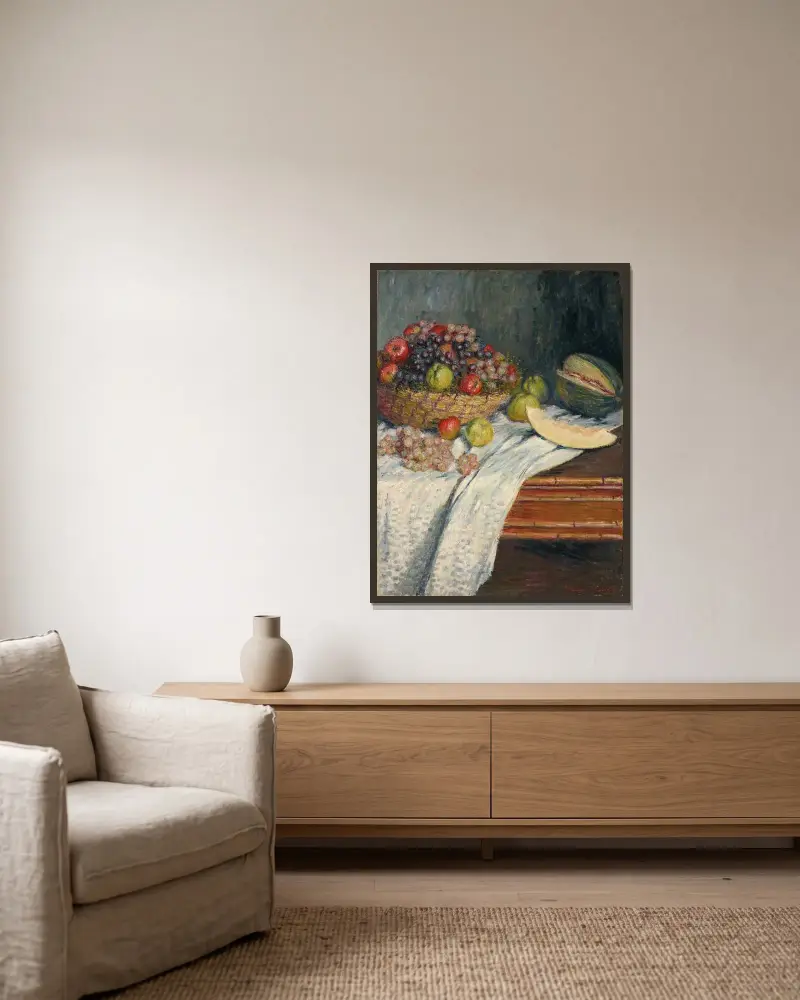 Nature morte au melon d’Espagne av Claude Monet inramad på en vägg