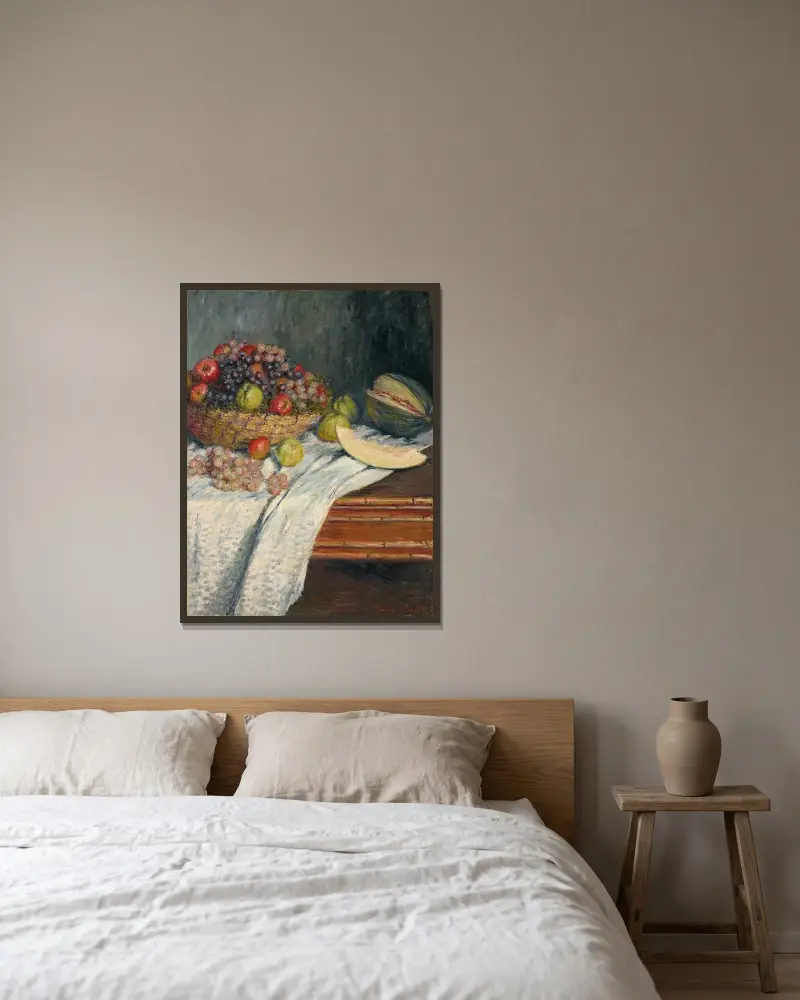 Nature morte au melon d’Espagne av Claude Monet inramad på en vägg