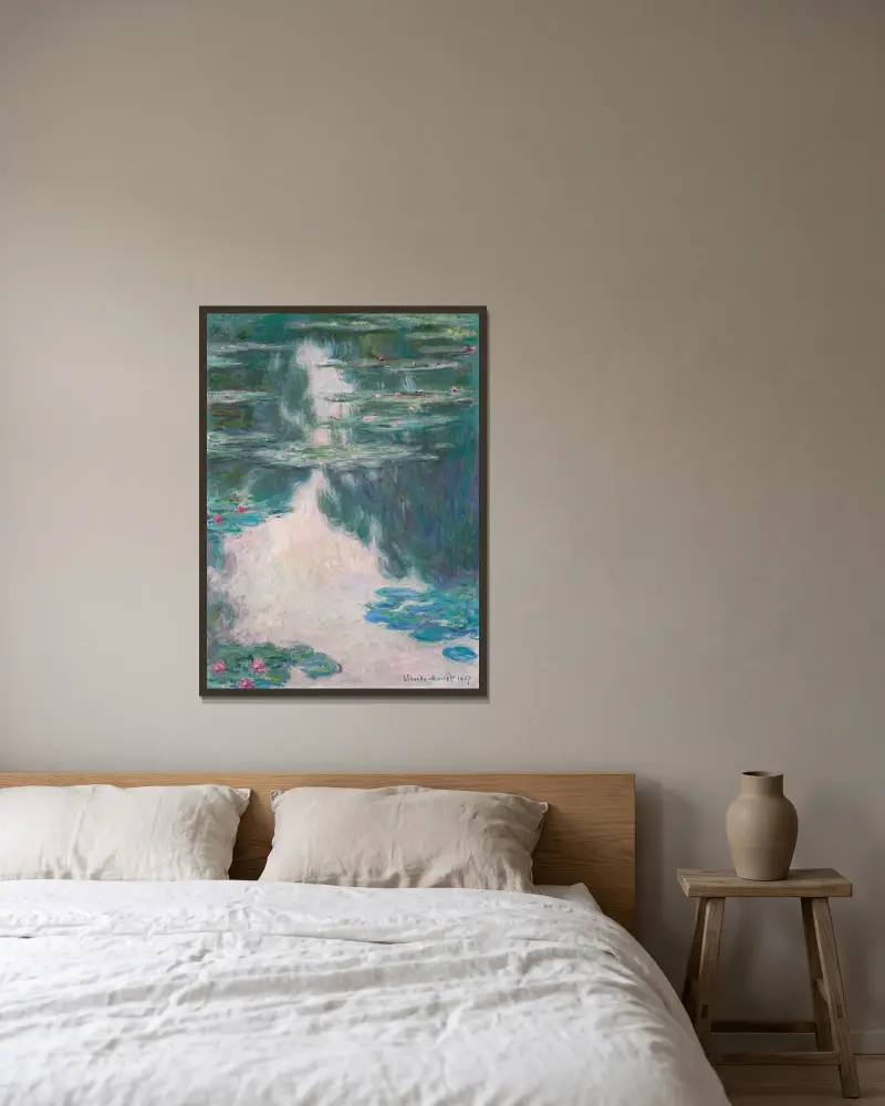 Nenufary, szara pogoda, Claude Monet w ramie na ścianie