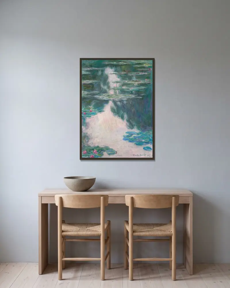 Nenufary, szara pogoda, Claude Monet w ramie na ścianie