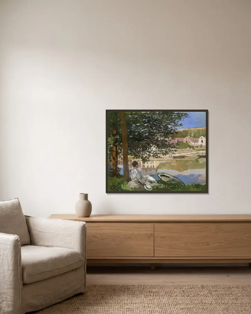 På Seines strand vid Bennecourt av Claude Monet inramad på en vägg