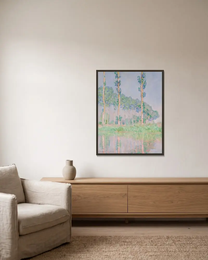 Poplars, Pink Effect av Claude Monet inramad på en vägg