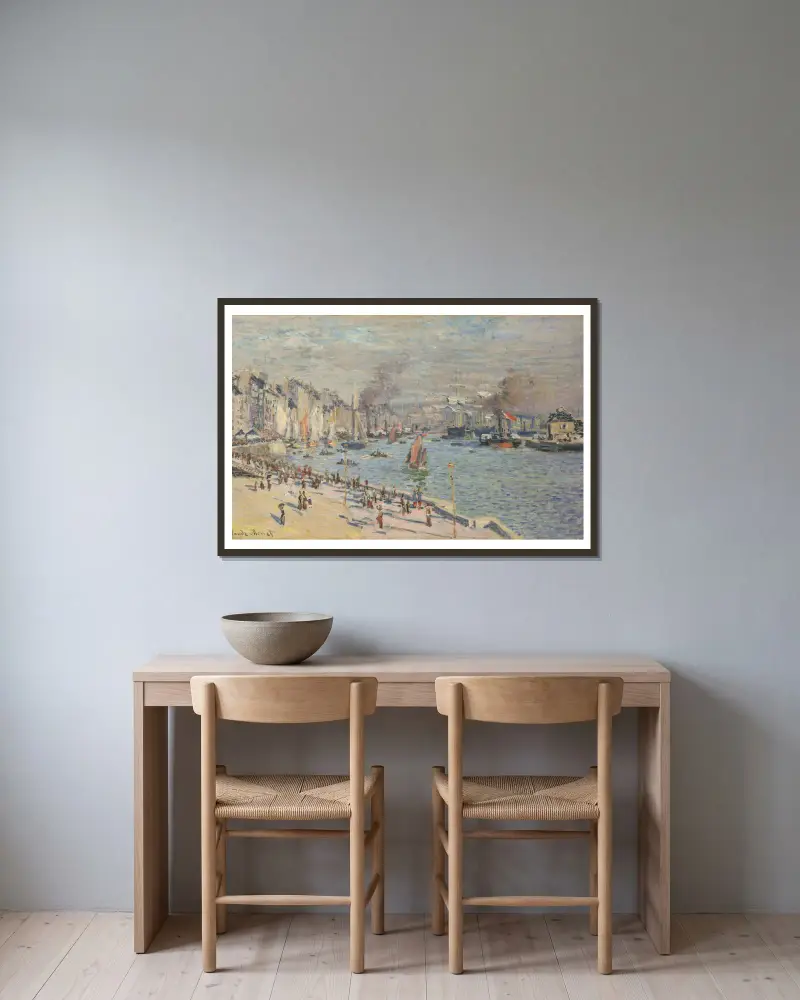Der Hafen von Le Havre von Claude Monet gerahmt an einer Wand