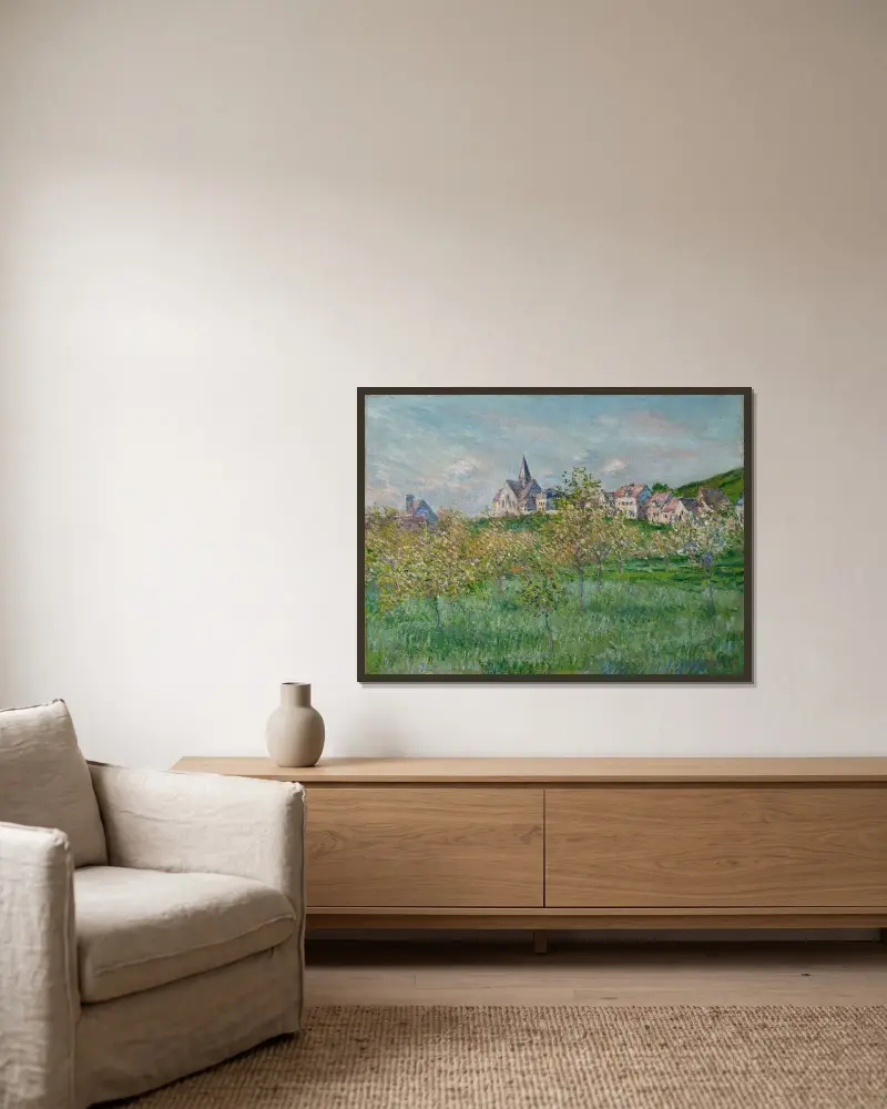 Printemps à Giverny, effet d’après-midi av Claude Monet inramad på en vägg