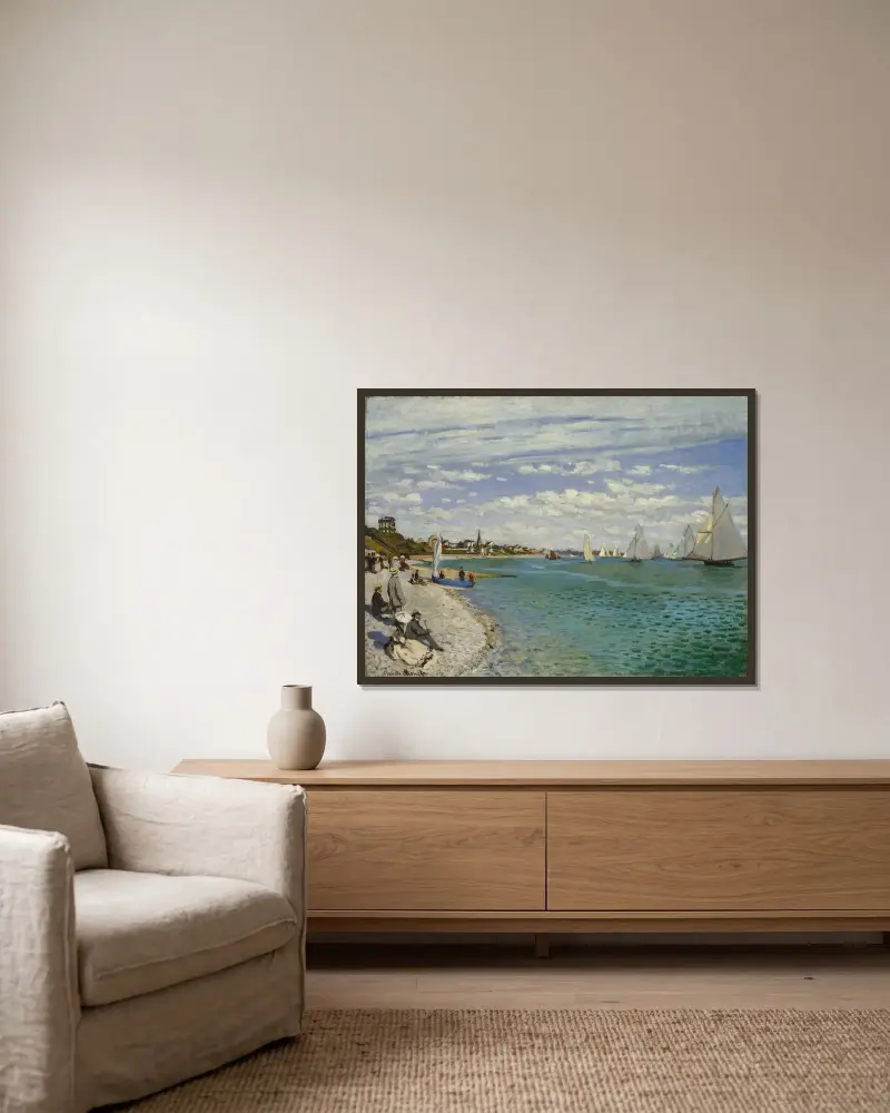 Regatta at Sainte-Adresse av Claude Monet inramad på en vägg