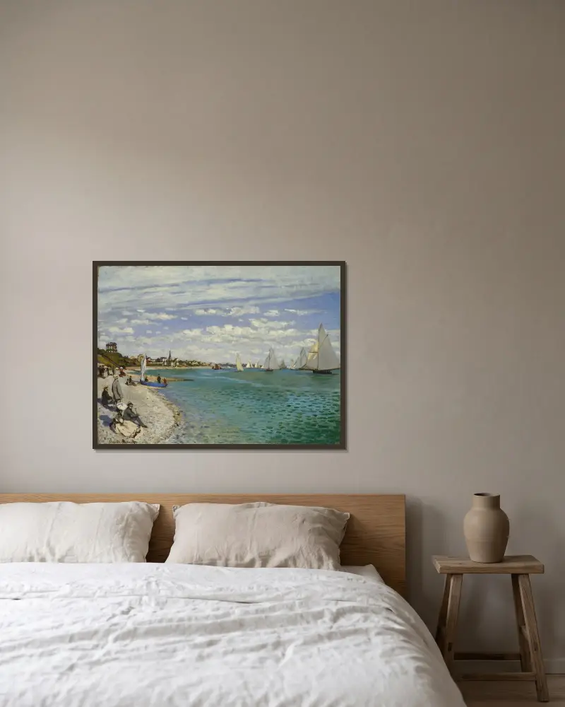 Regatta at Sainte-Adresse av Claude Monet inramad på en vägg