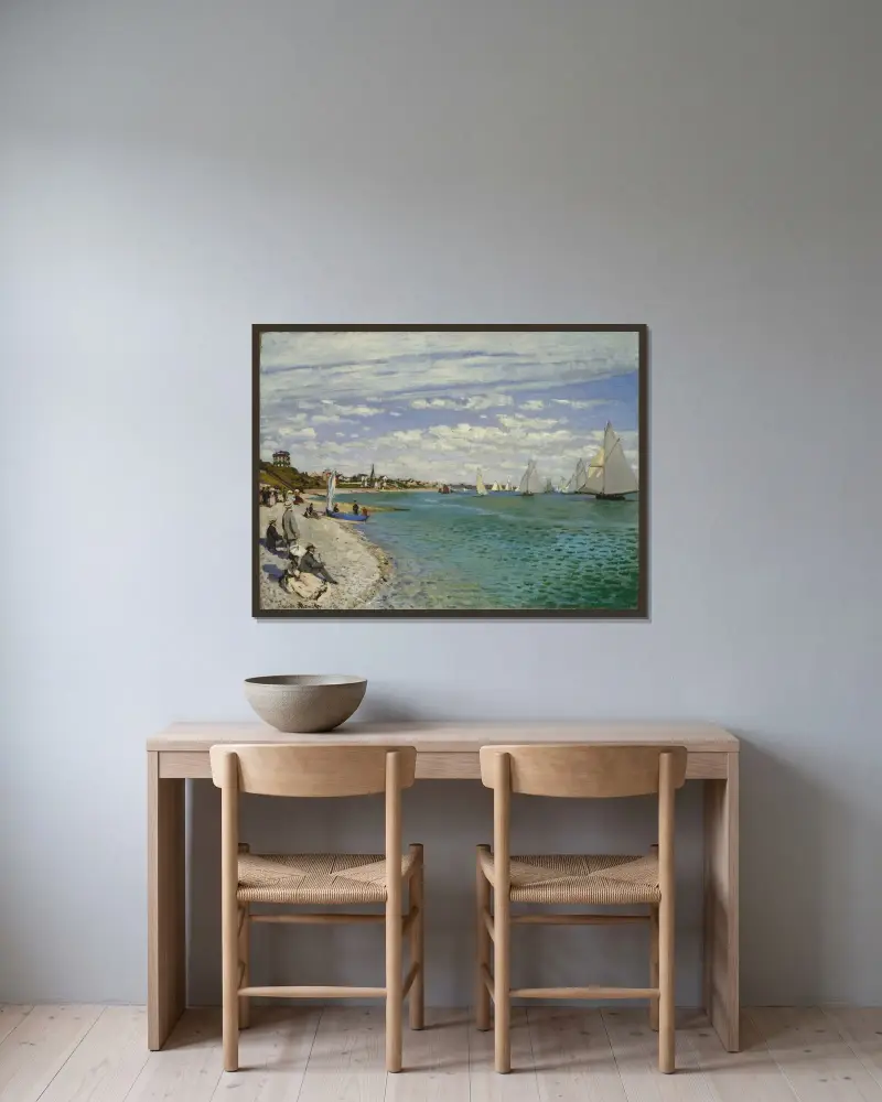 Regatta at Sainte-Adresse av Claude Monet inramad på en vägg