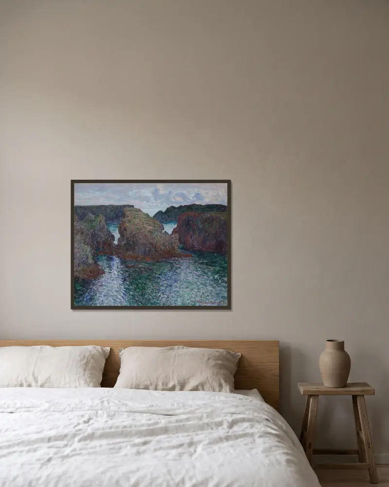 Klippor vid Port-Goulphar, Belle-Île av Claude Monet inramad på en vägg