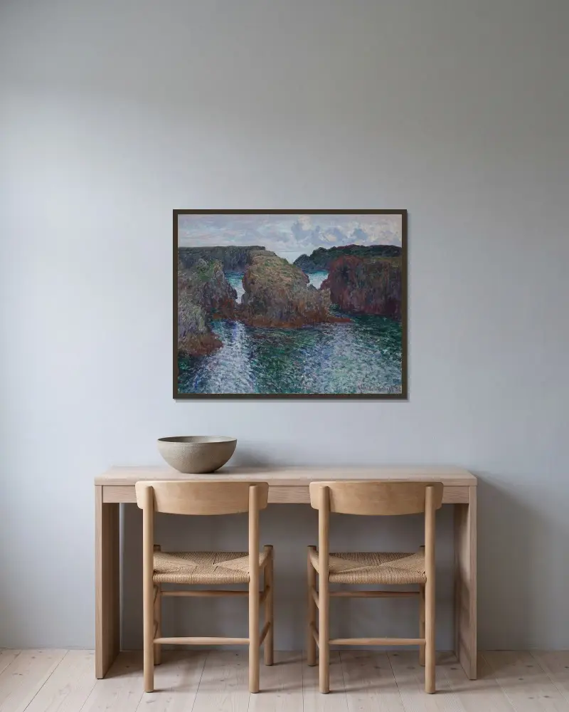 Klippor vid Port-Goulphar, Belle-Île av Claude Monet inramad på en vägg