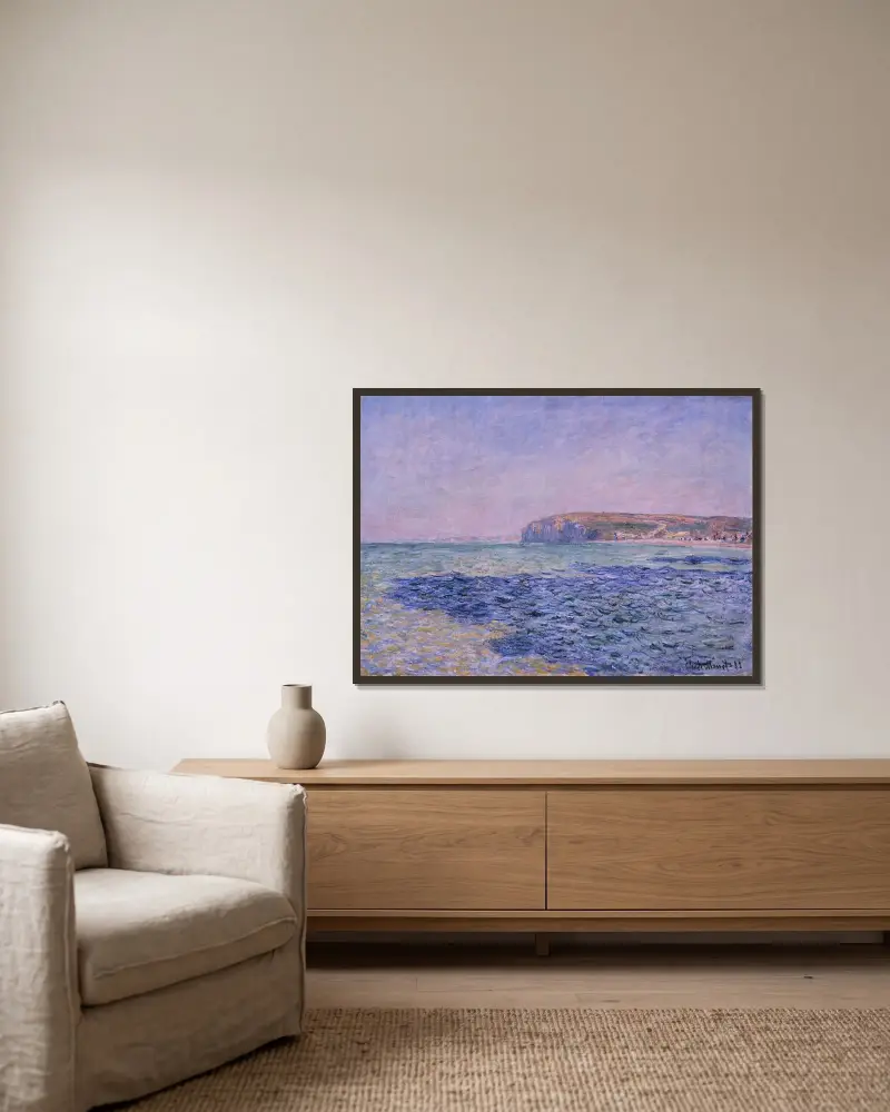 Skuggor på havet. Klipporna vid Pourville av Claude Monet inramad på en vägg