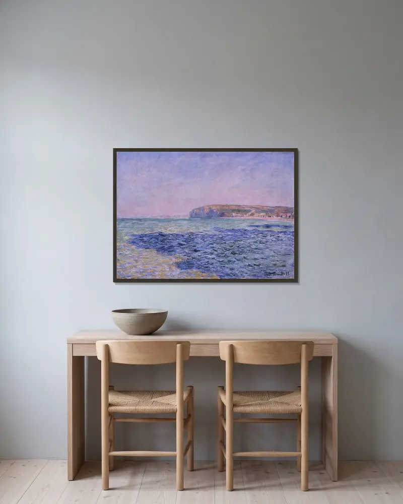 Skuggor på havet. Klipporna vid Pourville av Claude Monet inramad på en vägg