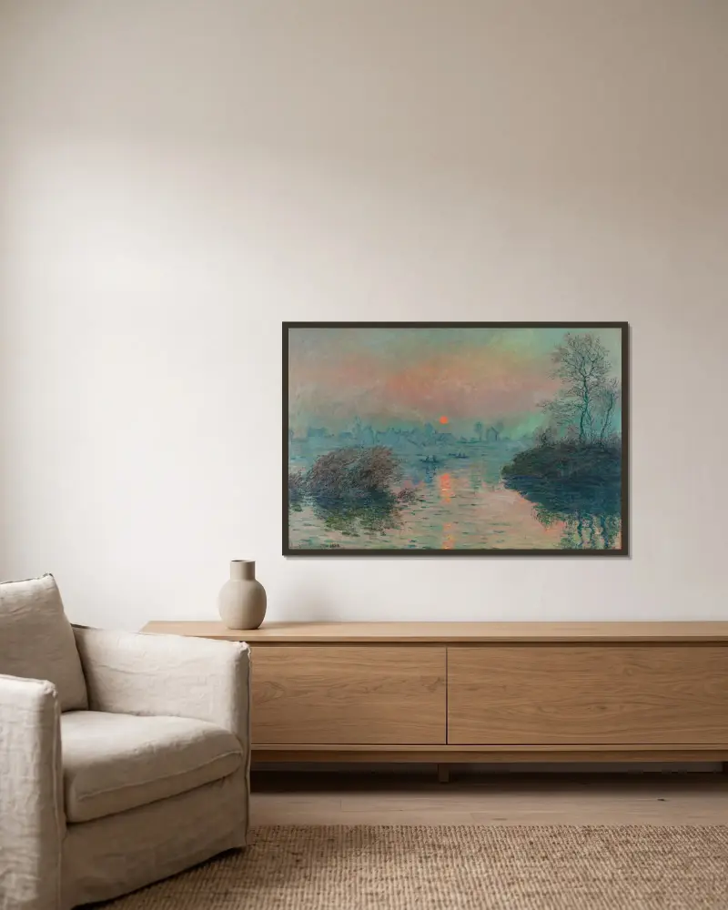 Solnedgång över Seine vid Lavacourt, vintereffekt av Claude Monet inramad på en vägg