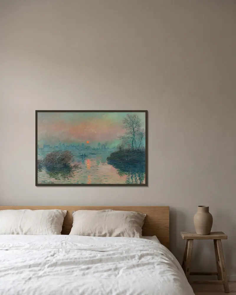 Solnedgång över Seine vid Lavacourt, vintereffekt av Claude Monet inramad på en vägg