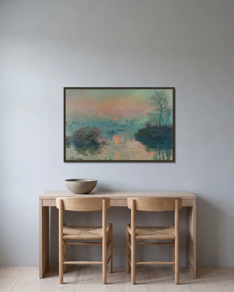 Solnedgång över Seine vid Lavacourt, vintereffekt av Claude Monet inramad på en vägg