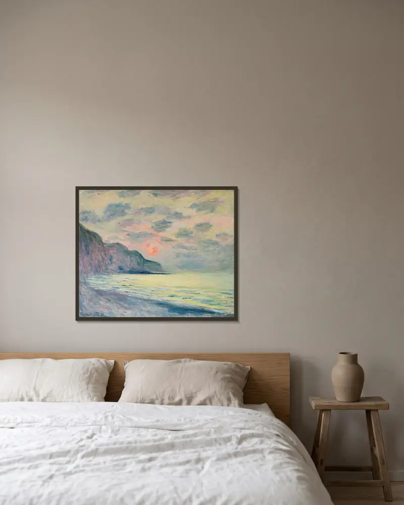 Solnedgång, dimmigt väder, Pourville av Claude Monet inramad på en vägg