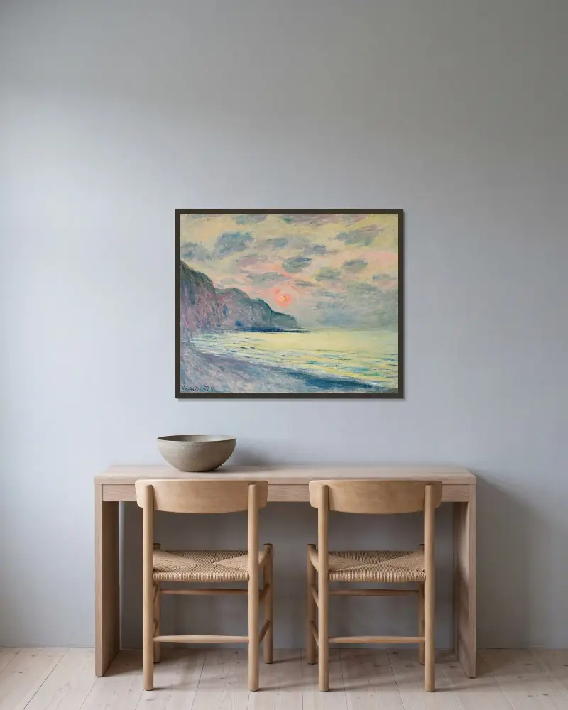 Solnedgång, dimmigt väder, Pourville av Claude Monet inramad på en vägg
