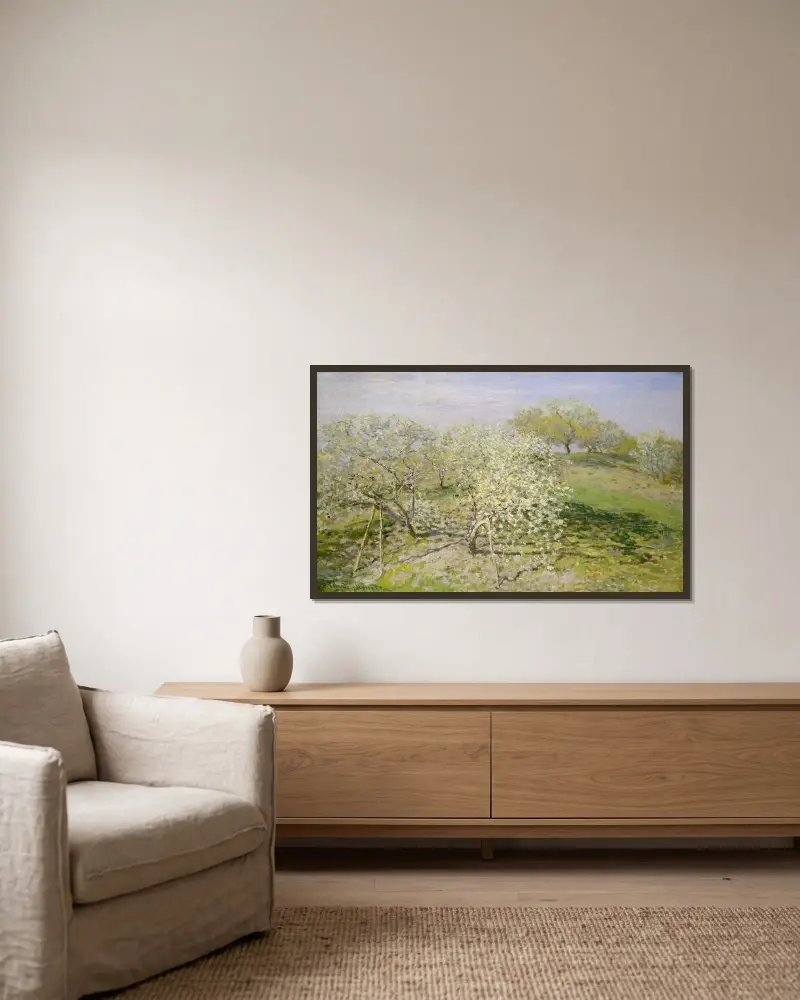 Spring (Fruit Trees in Bloom) av Claude Monet inramad på en vägg