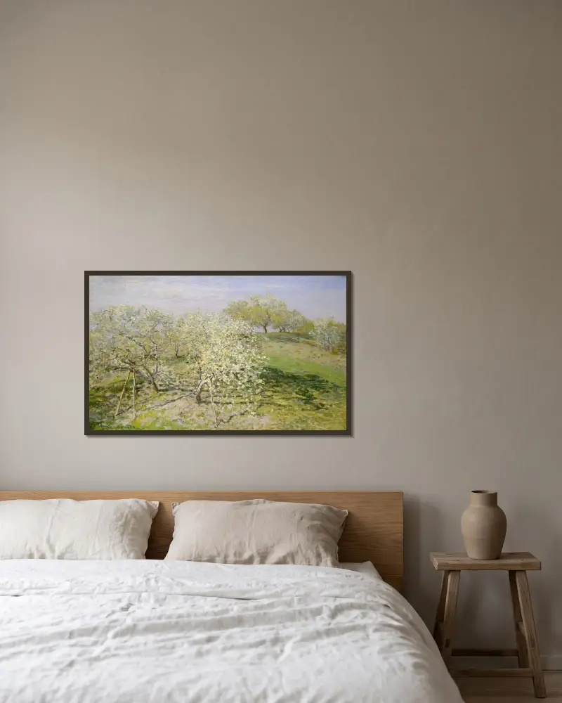 Spring (Fruit Trees in Bloom) av Claude Monet inramad på en vägg