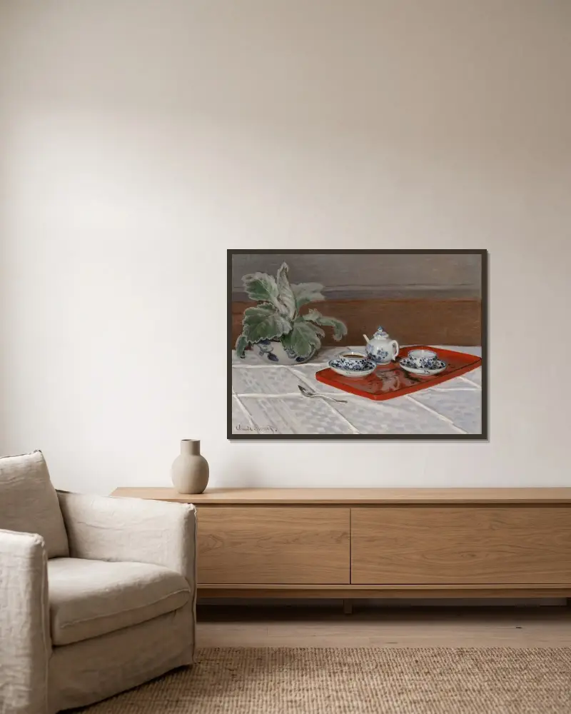 Stilleben mit Teeservice von Claude Monet gerahmt an einer Wand
