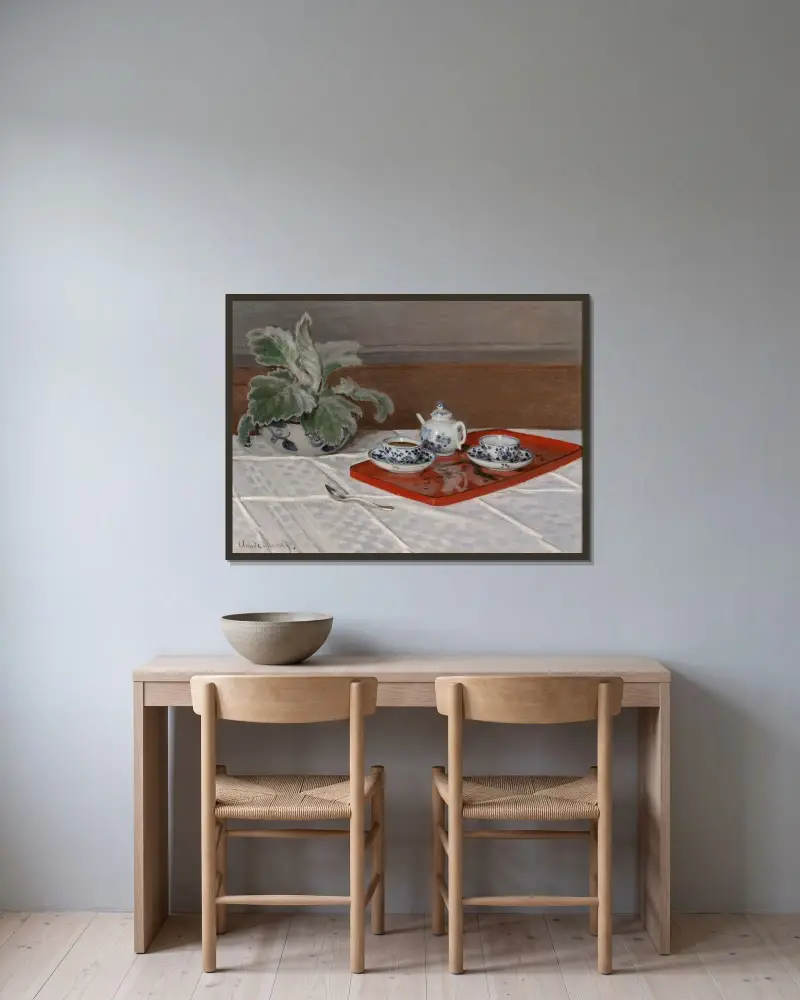 Stilleben mit Teeservice von Claude Monet gerahmt an einer Wand