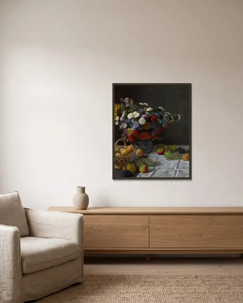 Stillleben mit Blumen und Früchten von Claude Monet gerahmt an einer Wand