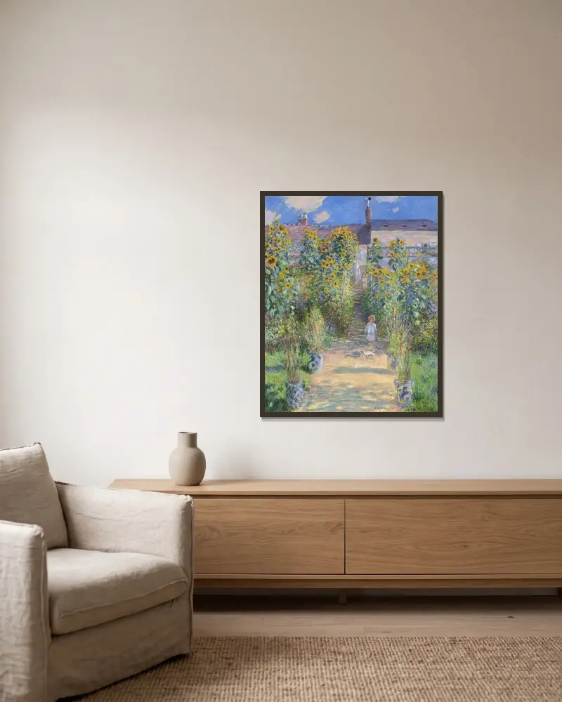 Der Künstlergarten in Vétheuil von Claude Monet gerahmt an einer Wand