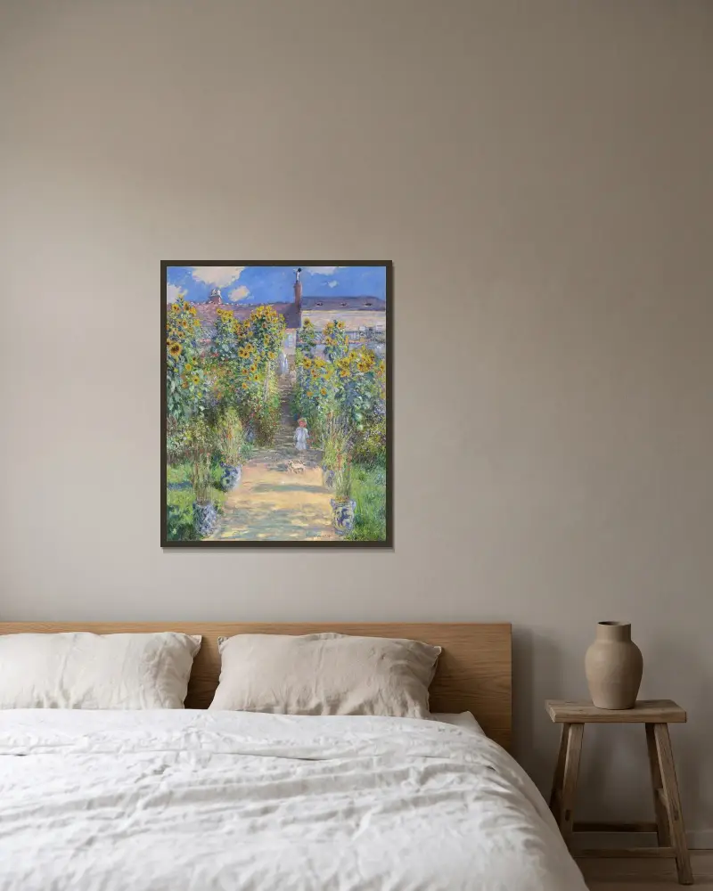 Der Künstlergarten in Vétheuil von Claude Monet gerahmt an einer Wand