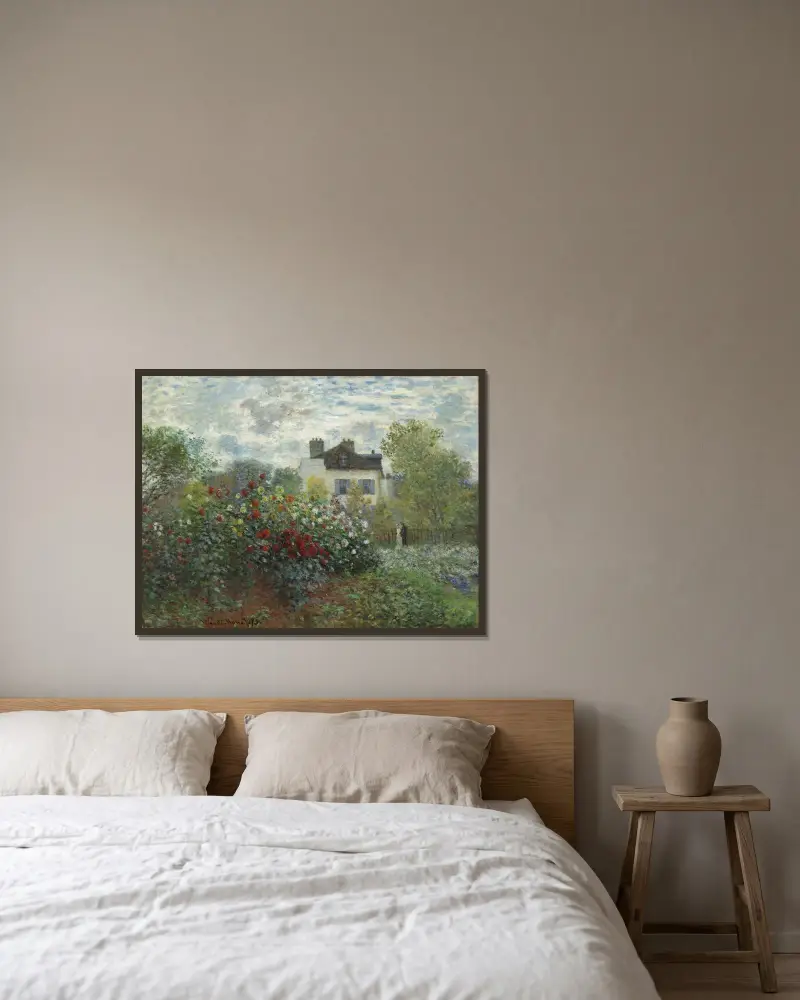 Konstnärens trädgård i Argenteuil (ett hörn av trädgården med dahlior) av Claude Monet inramad på en vägg
