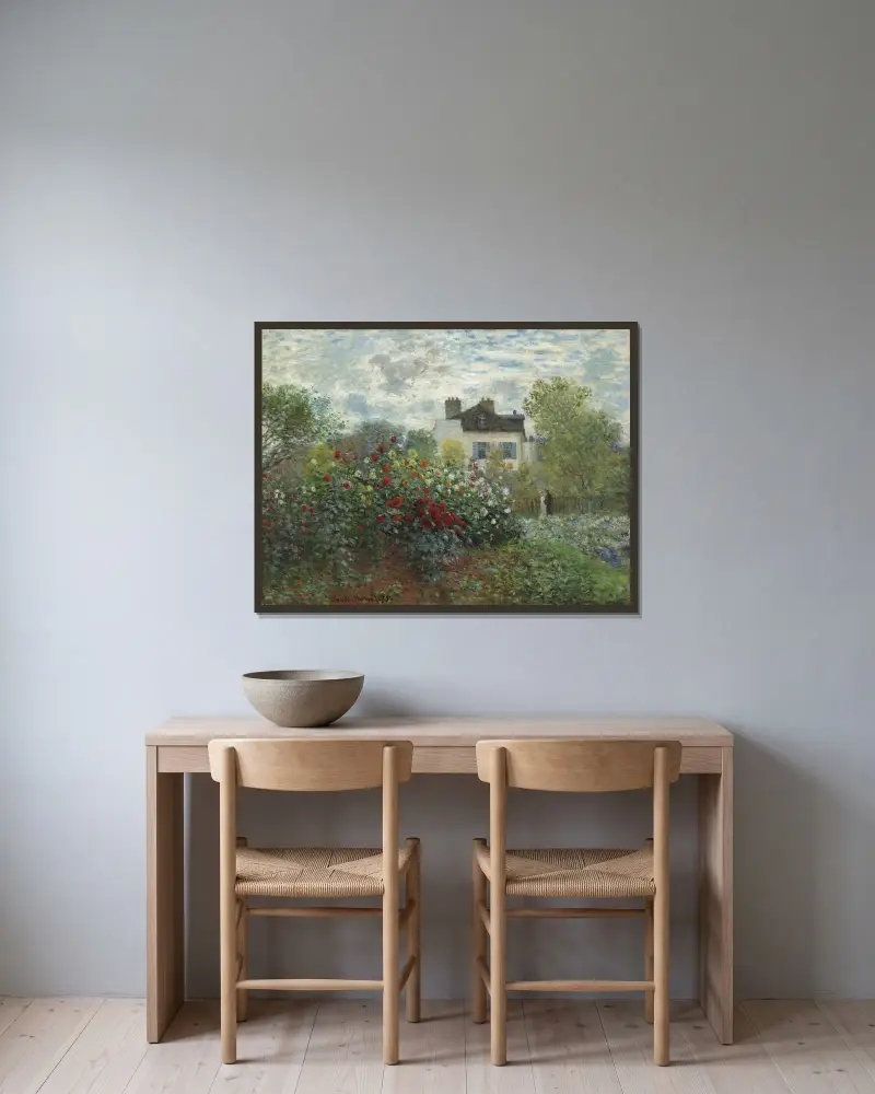 Konstnärens trädgård i Argenteuil (ett hörn av trädgården med dahlior) av Claude Monet inramad på en vägg