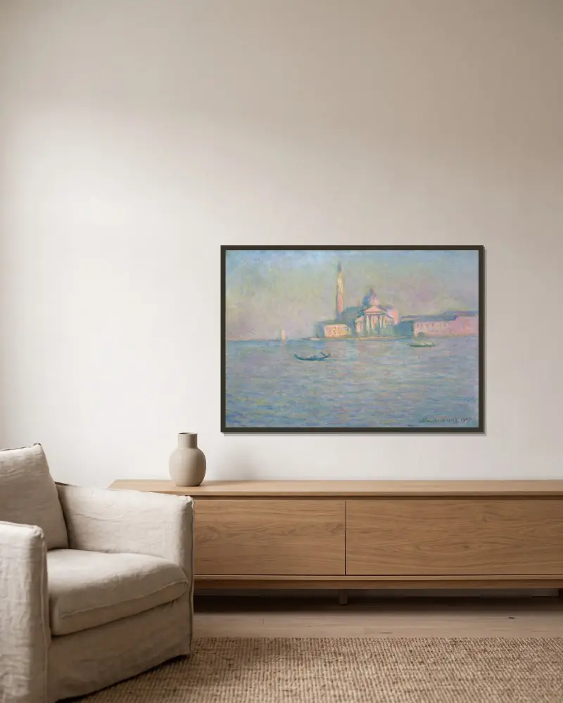 Kyrkan San Giorgio Maggiore, Venedig av Claude Monet inramad på en vägg