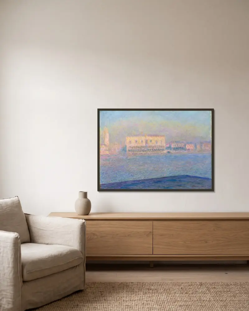 Der Dogenpalast gesehen von San Giorgio Maggiore von Claude Monet gerahmt an einer Wand