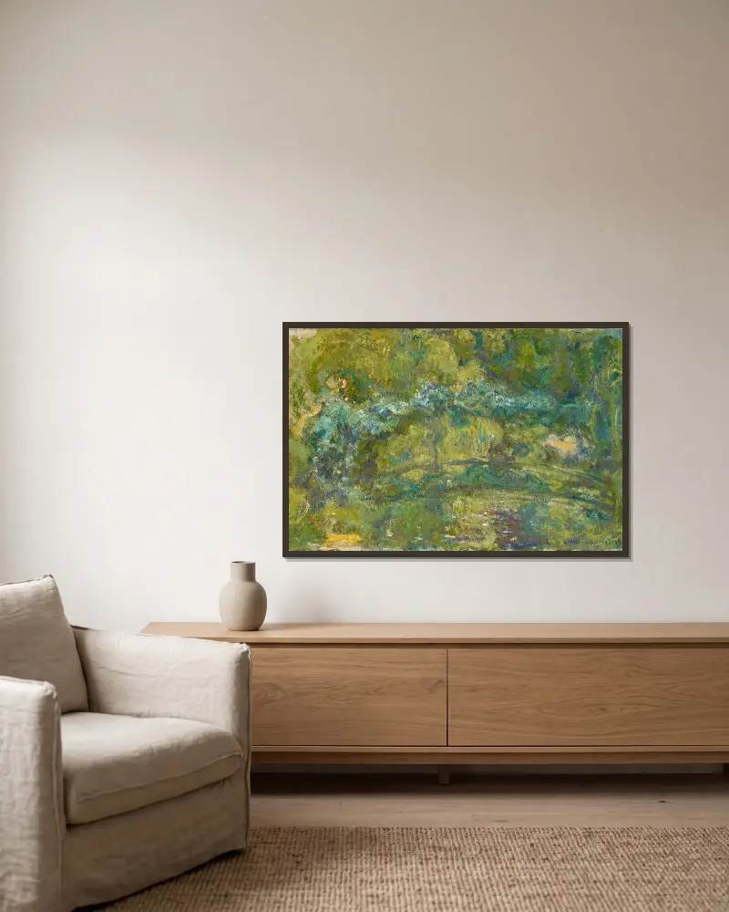 Mostek nad stawem z liliami wodnymi, Claude Monet w ramie na ścianie
