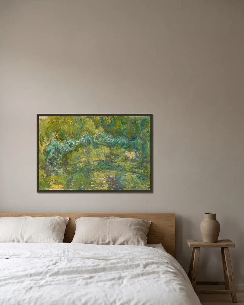 Mostek nad stawem z liliami wodnymi, Claude Monet w ramie na ścianie