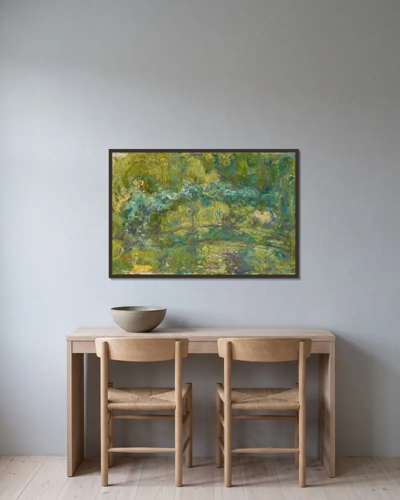 Mostek nad stawem z liliami wodnymi, Claude Monet w ramie na ścianie