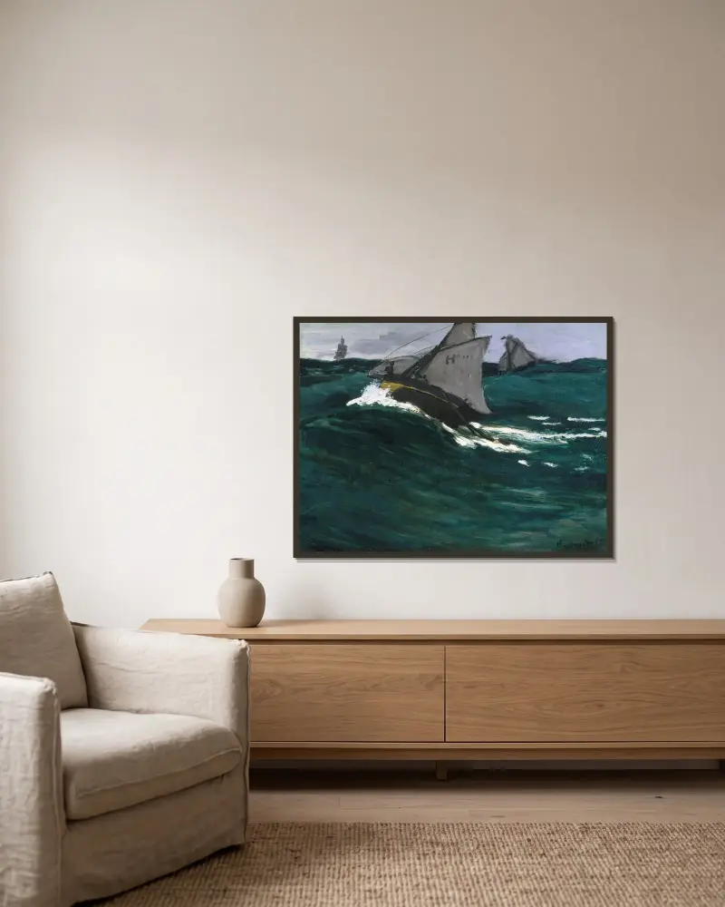 The Green Wave av Claude Monet inramad på en vägg