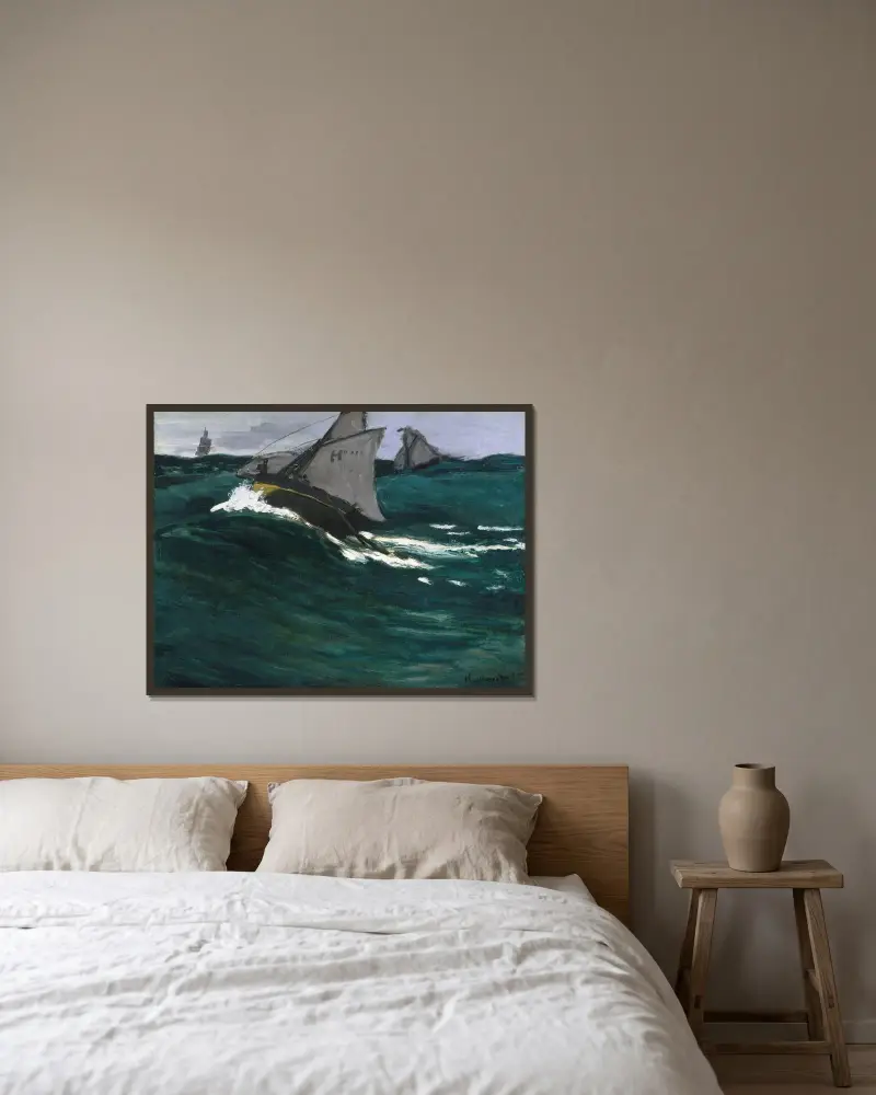 The Green Wave av Claude Monet inramad på en vägg