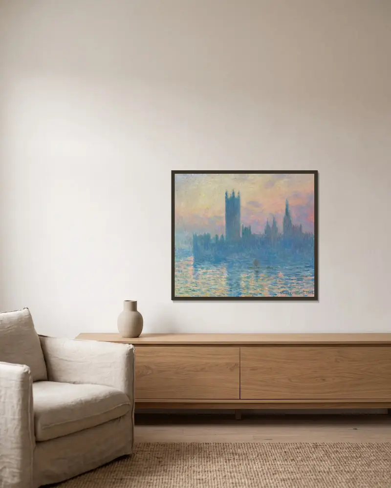 The Houses of Parliament, Sunset av Claude Monet inramad på en vägg