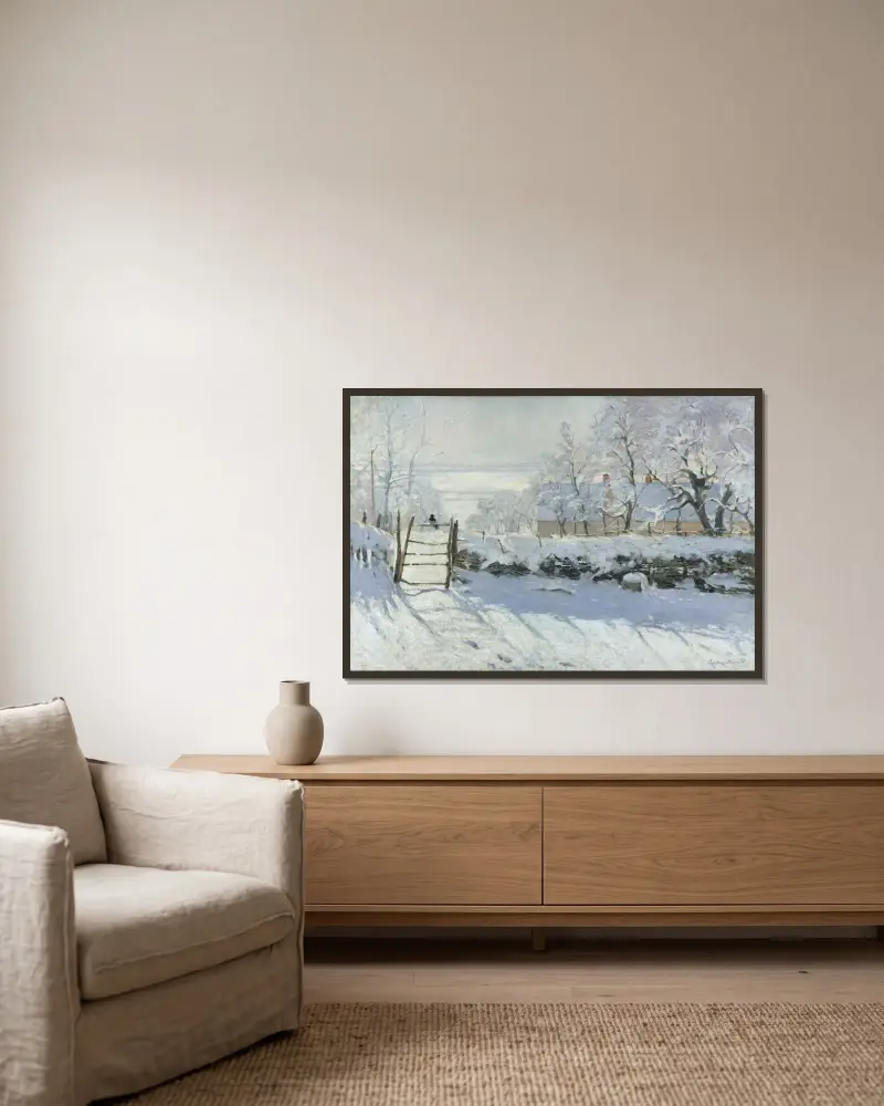 Die Elster von Claude Monet gerahmt an einer Wand