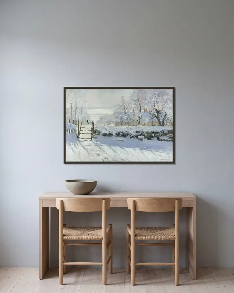 Die Elster von Claude Monet gerahmt an einer Wand