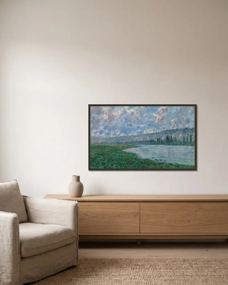 Die Seine bei Vétheuil von Claude Monet gerahmt an einer Wand