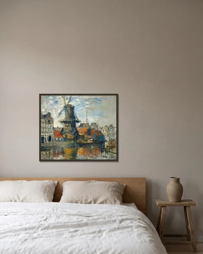 Väderkvarnen vid Onbekende Gracht, Amsterdam av Claude Monet inramad på en vägg