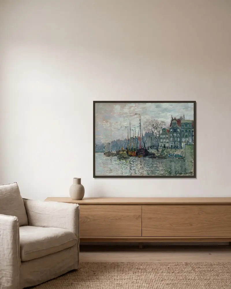 Utsikt över Prins Hendrikkade och Kromme Waal i Amsterdam av Claude Monet inramad på en vägg