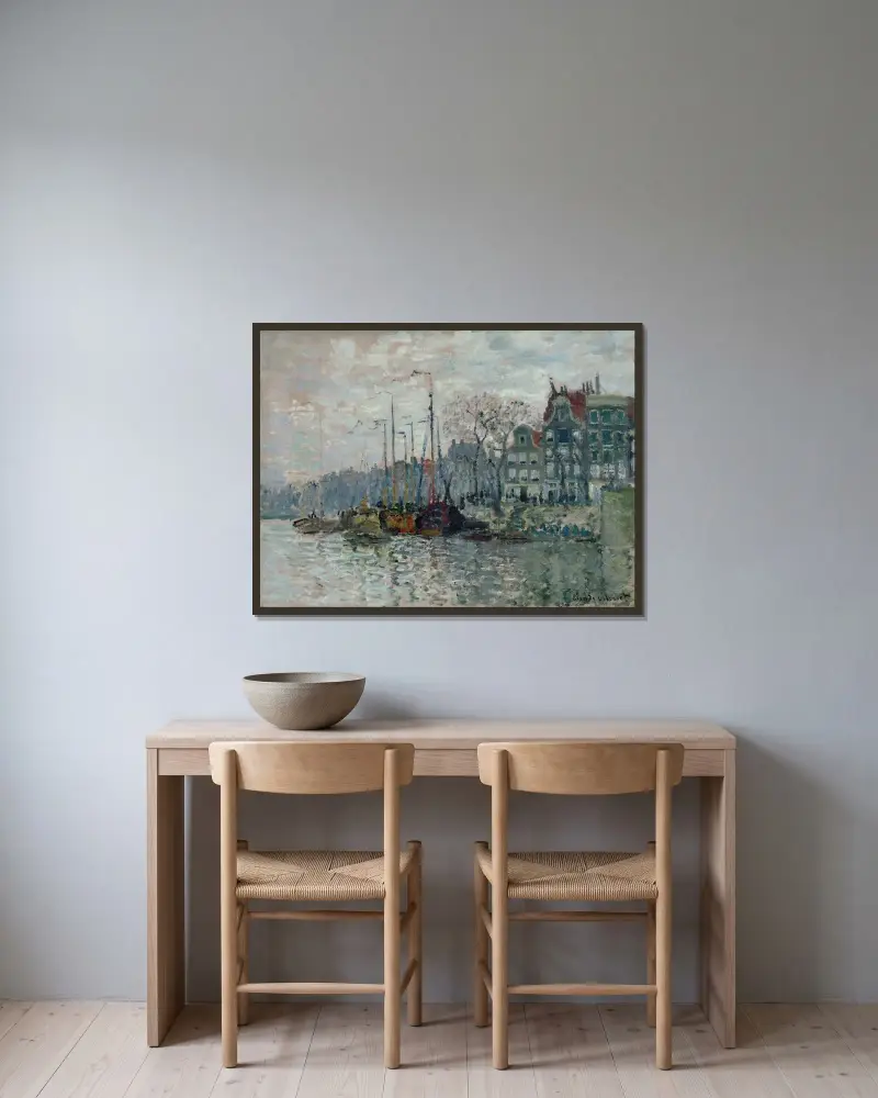 Utsikt över Prins Hendrikkade och Kromme Waal i Amsterdam av Claude Monet inramad på en vägg