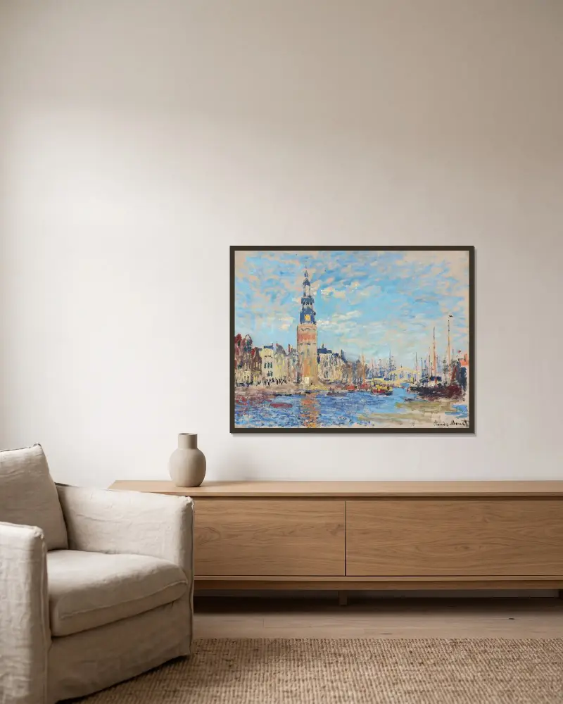 Utsikt över Montalbantornet, Amsterdam av Claude Monet inramad på en vägg